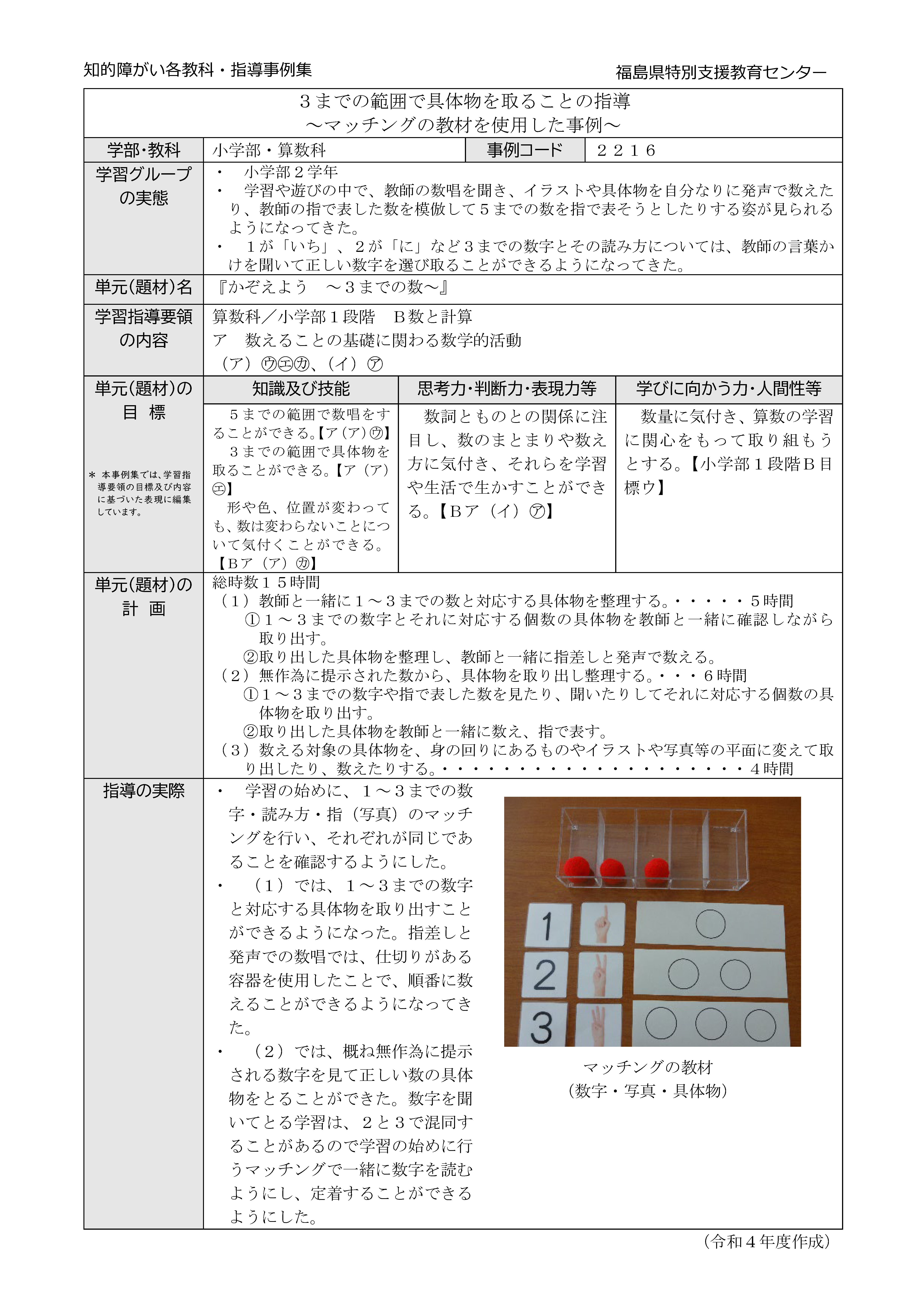 2216特小・算数・小1段階【Ｂ数と計算】マッチングの教材を使用した事例