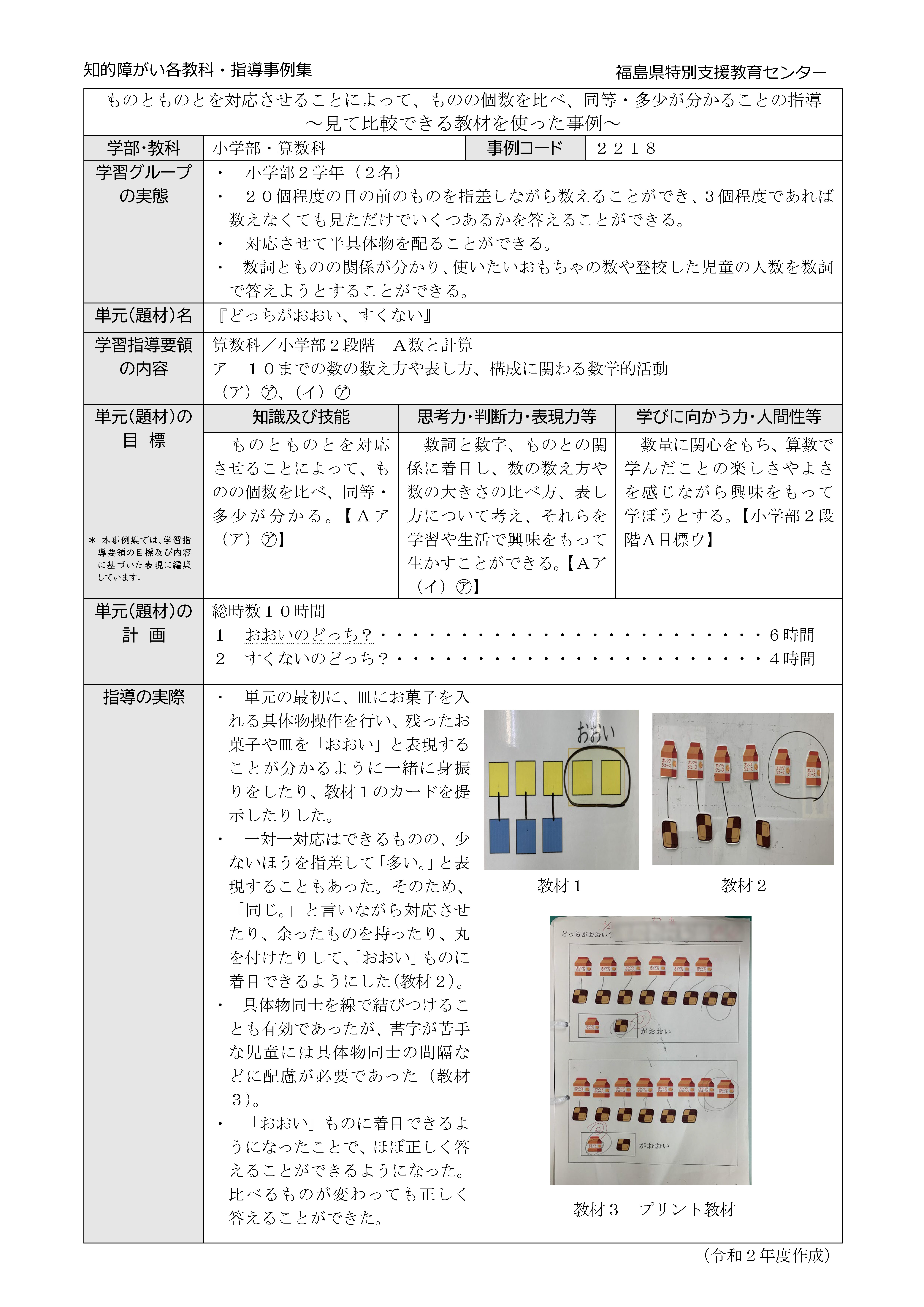 2218特小・算数・小２段階【A数と計算】見て比較できる教材を使った事例