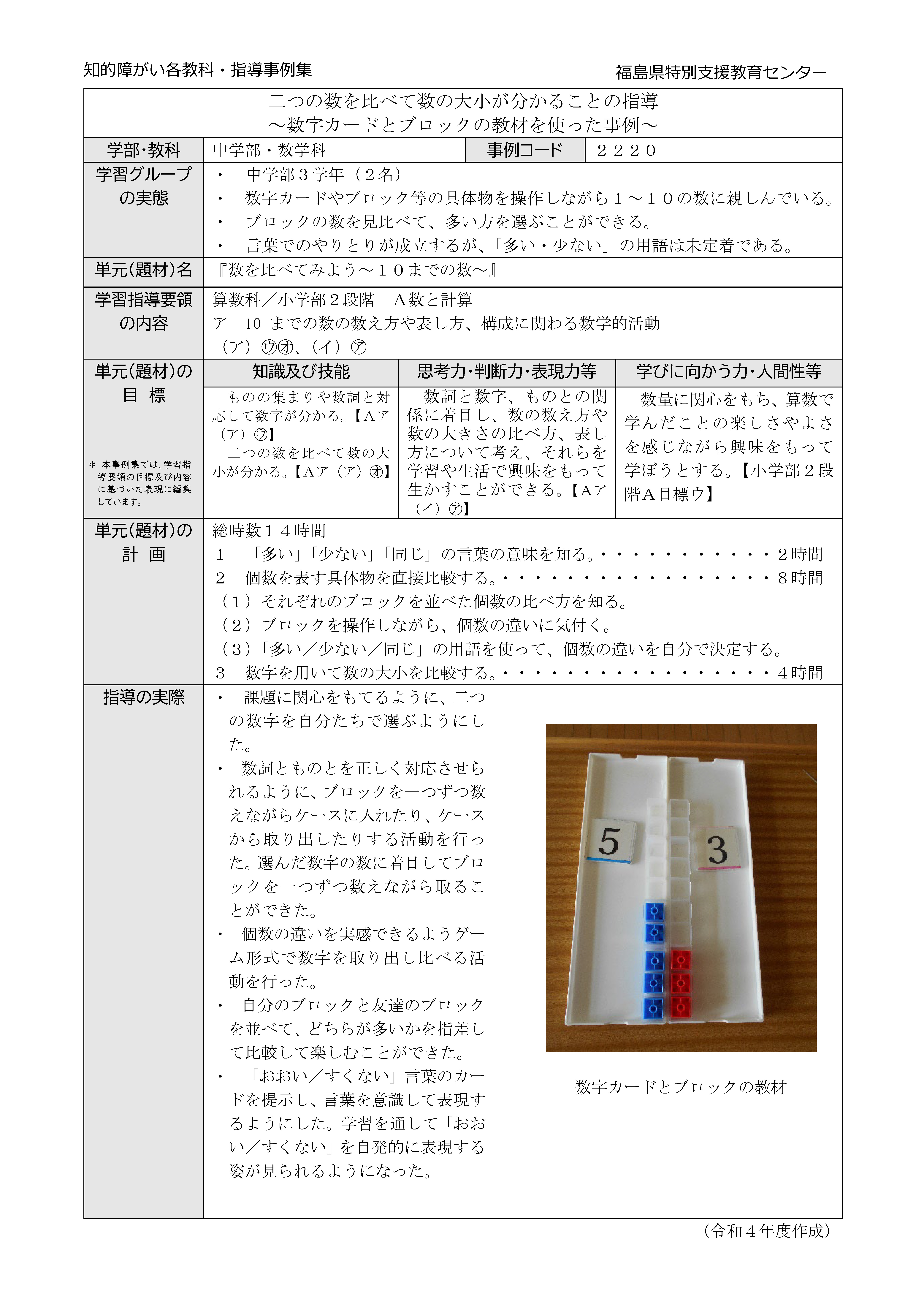 2220特小・算数・小２段階【A数と計算】数字カードとブロックの教材を使った事例