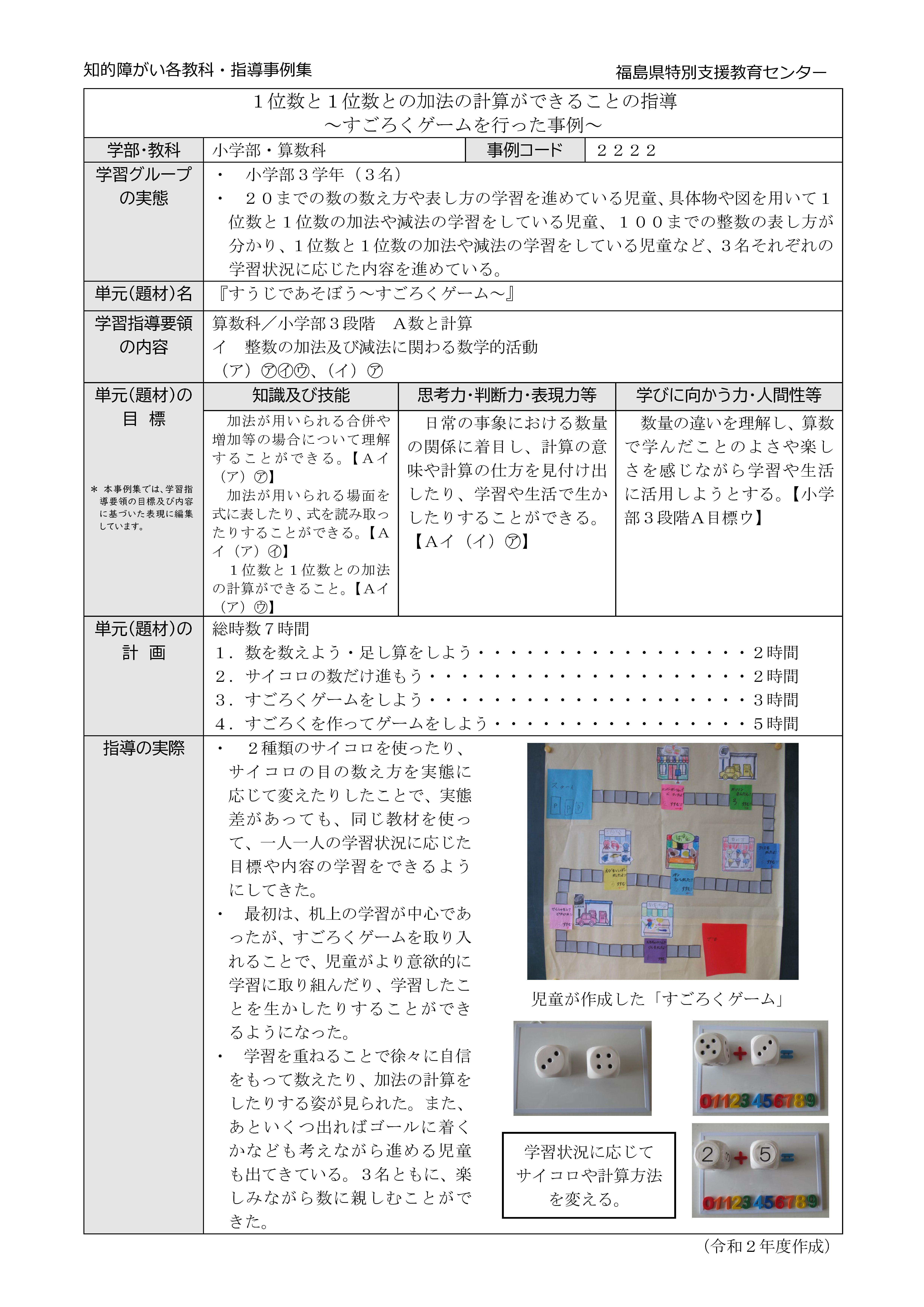 2222特小・算数・小３段階【Ａ数と計算】すごろくゲームを行った事例